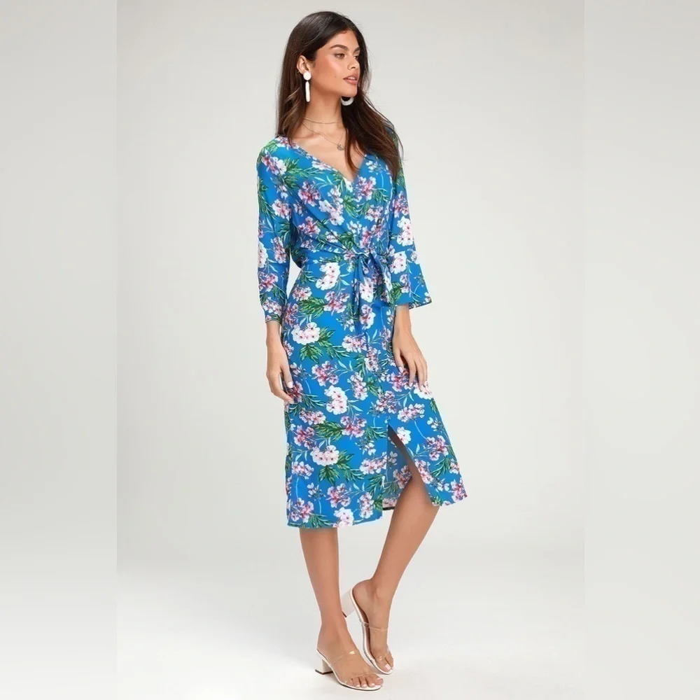 Lulu's Bright Blue Floral Wrap Midi Dress - Picture 3 of 8